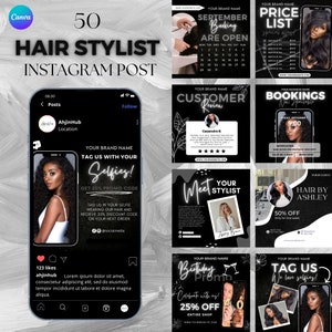Hair stylist Instagram Post Template, Black and White Hair Salon Post, 50 Hair Design Instagram Template Hairstylist Branding Canva Template