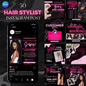 Hairstylist IG Post, Hair stylist Instagram Template, 50 Hair Salon Branding Kit, Luxury Hair Social Media Post Hair Beauty Canva Templates