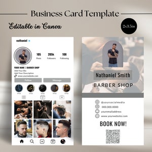 Business Card Template Barber Shop, Business Card Design, Digital business card, Instagram business card, QR Code Business Card, Canva