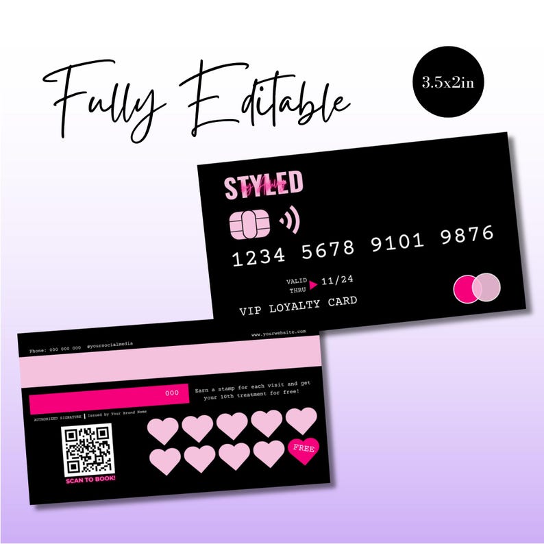 K&ouml;nnte beinhalten: Eine schwarze und rosafarbene Kundenkarte mit dem Text "STYLED" in Rosa. Die Karte hat einen Platz f&uuml;r den Kundennamen, eine 16-stellige Nummer und ein G&uuml;ltigkeitsdatum. Die Karte hat auch ein rosafarbenes Herzdesign und den Text "VIP LOYALTY CARD".