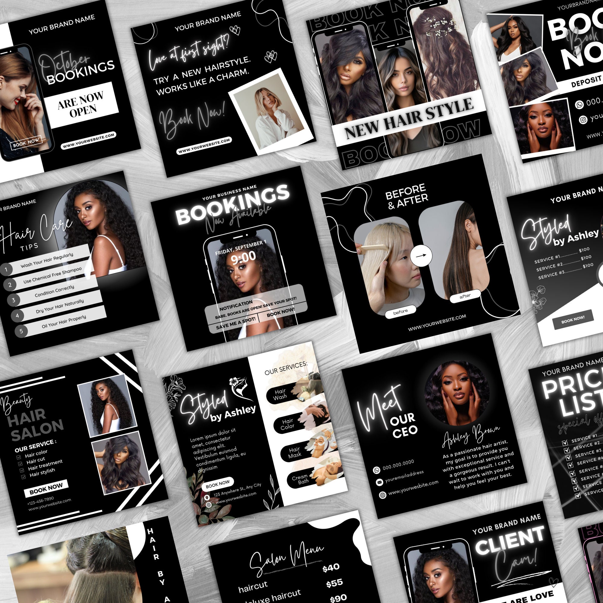 Hair Stylist Instagram Post Template, Black and White Hair Salon Post ...