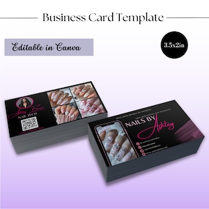 Modèle de carte de visite Nail Tech, carte Instagram de technicien en ongles, carte de visite nail art bricolage, ongles IG QR Code petite entreprise modèle canva