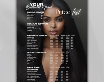 Hair Pricing Template, Editable Hair Stylist Price List Template, Hairstylist Pricing Guide Sheet, Hair Business Salon Black and White Flyer