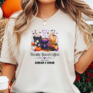 Freshly Boo'd Coffee Shirt, Spooky Season Coffee Lover Tee, Halloween Comfort Colors Top, Pumpkin Spiced Latte Graphic T-shirt