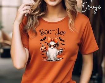 かわいいブージーTシャツ、ハロウィンゴーストシャツ、不気味な季節のゴーストTシャツ、不気味な雰囲気のシャツ、ガーリーなハロウィンギフト、女性用秋のシャツ