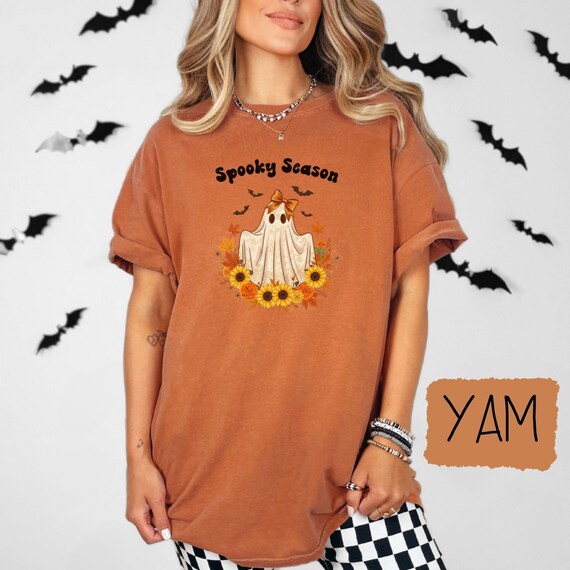Spooky Season Ghost T-Shirt, Cute Halloween Shirt with Sunflowers, Autumn Leaves, Bats, Fall Graphic Tee, Cozy Unisex Halloween Top