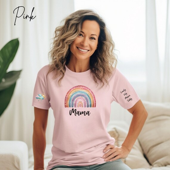 Mama Boho Rainbow Tee with Custom Sleeve Names + Sun & Raincloud Accent