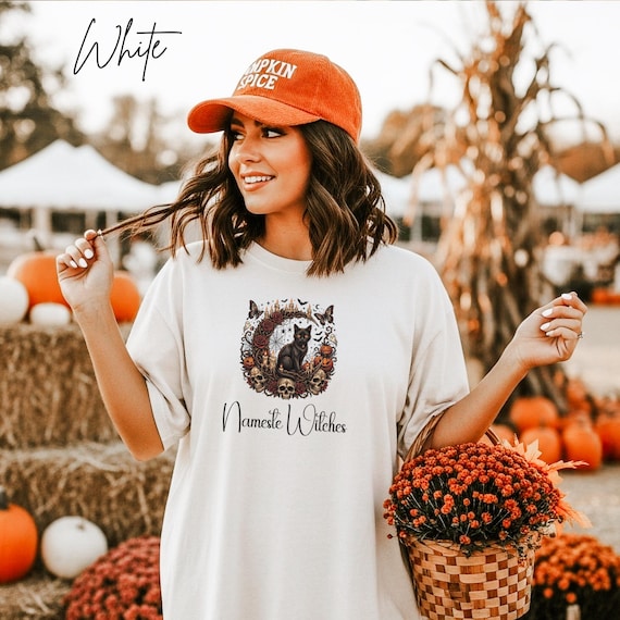 Namaste Witches Yoga Shirt, Halloween Black Cat Tee,  Celestial Moon T-Shirt, Spooky Season Gift, Vintage Skull Pumpkin Top
