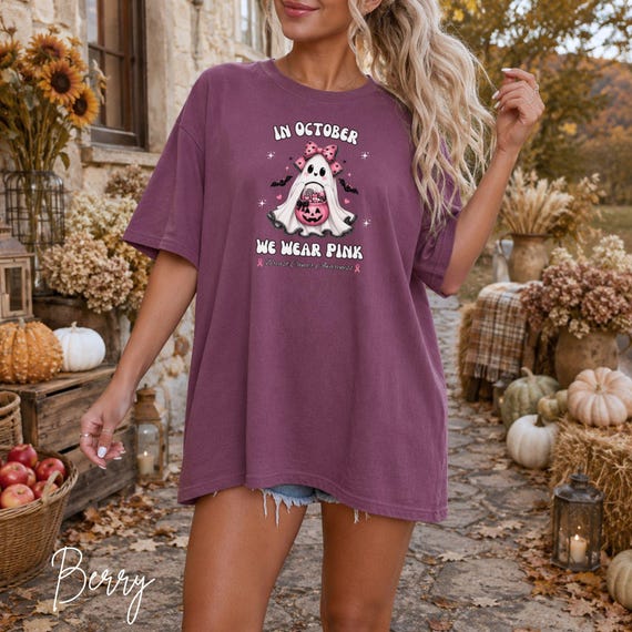 In October We Wear Pink Shirt, Breast Cancer Awareness Halloween Tee, Ghost Ribbon Tshirt, Support Hope Pumpkin Patch Top