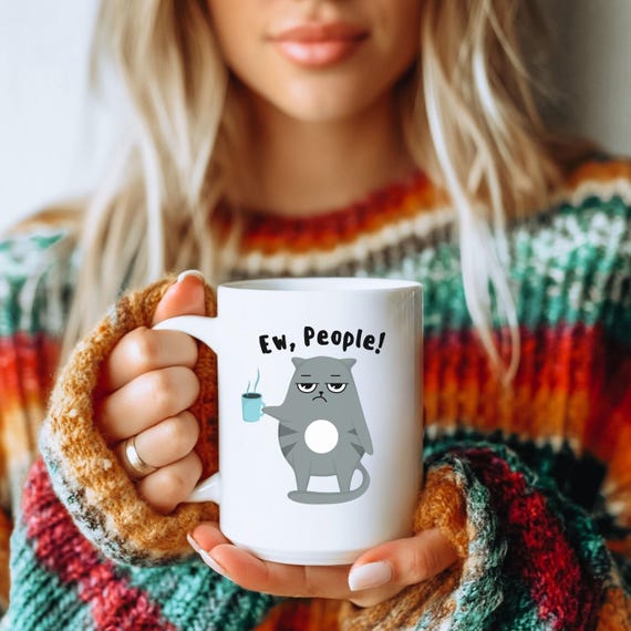 Funny Cat Coffee Cup, Ew People Ceramic Mug, Introvert Humor Gift, Sarcastic Kitty Lover Tea Cup, Office Coworker White Elephant Gift