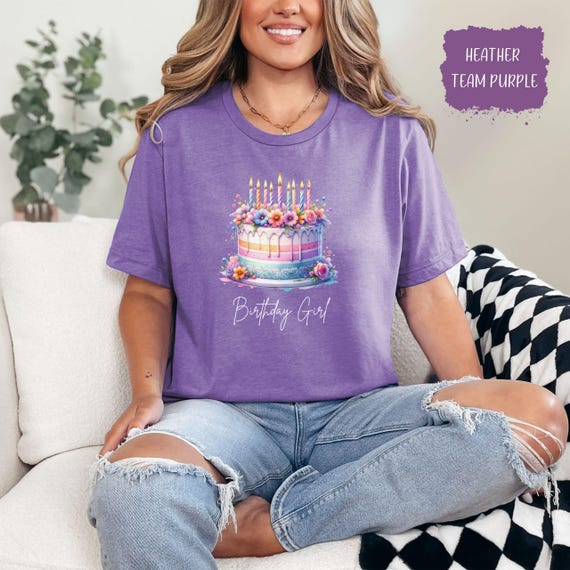 Birthday Girl T-Shirt with Floral Cake Graphic, Cute Birthday Gift Tee for Women, Party Shirt, Celebration Outfit Idea, Trendy Comfy Tee