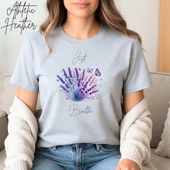 Just Breathe Shirt, Yoga Teacher Tee, Lavender Floral Top, Mental Health Tshirt