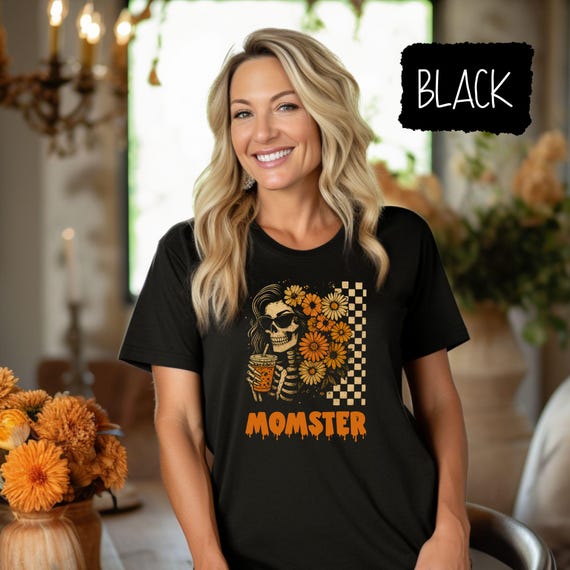 Momster Halloween Skeleton Shirt for Moms, Funny Spooky Fall Graphic Tee, Cute Halloween Mom Gift, Coffee Lover Skeleton T-Shirt