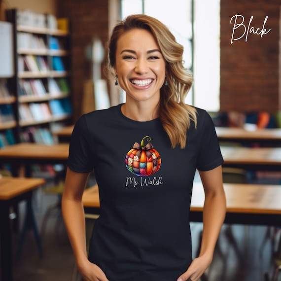 Custom Patchwork Pumpkin Fall Shirt, Personalized Teacher Tee with Name, Autumn Plaid Design, Cute Thanksgiving Top, Cozy Unisex T-Shirt