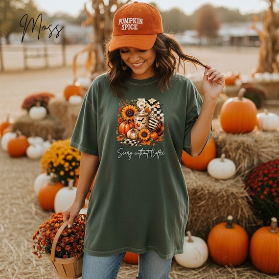 Scary Without Coffee Shirt, Halloween Coffee Tee, Fall Pumpkin Sunflower T-Shirt, Spooky Season Gift, Vintage Skeleton Hand Top