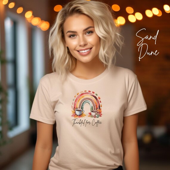 Thankful for Coffee Shirt - Fall Rainbow Tee with Autumn Leaves & Cozy Cups