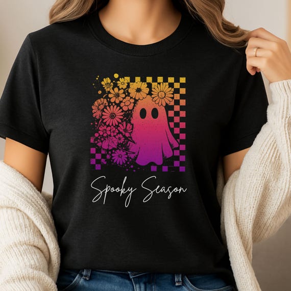 Spooky Season Pink Neon Ghost Shirt, Cute Halloween Tee with Neon Floral Checkered Design, Fall Aesthetic, Boho Soft Unisex T-Shirt