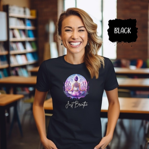 Just Breathe Lavender Sunrise T-Shirt, Inspirational Quote Tee, Mindfulness Apparel Gift, Positive Vibes Shirt, Motivational Clothing