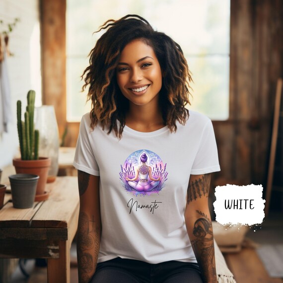 Namaste Lavender Sunrise Yoga T-Shirt, Meditative Woman with Mandala and Flower Design, Spiritual & Mindfulness Tee, Perfect for Yoga Lovers