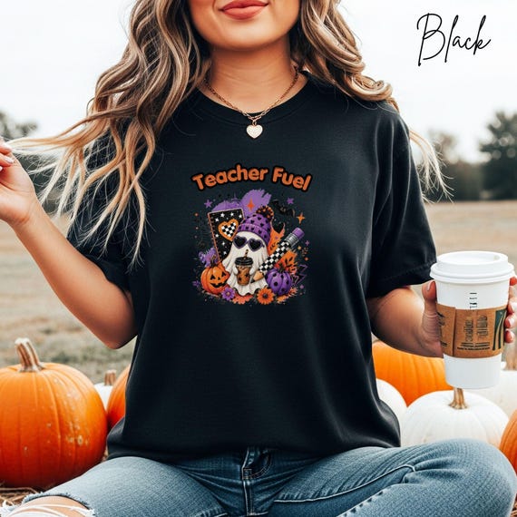 Spooky Teacher Fuel T-Shirt, Halloween Ghost Pumpkin School Top, Retro Educator Gift, Comfort Colors Autumn Clothing Shirt