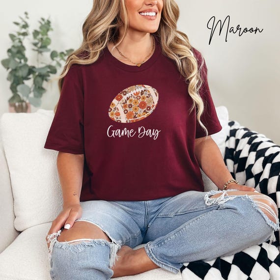 Game Day Floral Football Shirt, Fall Tee for Sports Fans, Cute Football Outfit for Women, Casual Autumn Style, Sunday Tailgate T-Shirt