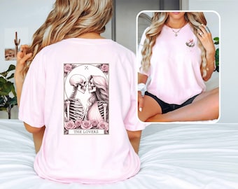 Skelettälskare Tarotkort T-shirt, Gotisk Romantik T-shirt med Hjärta och Rosor, Alla hjärtans dag presentidé, Mystisk Älskare T-shirt