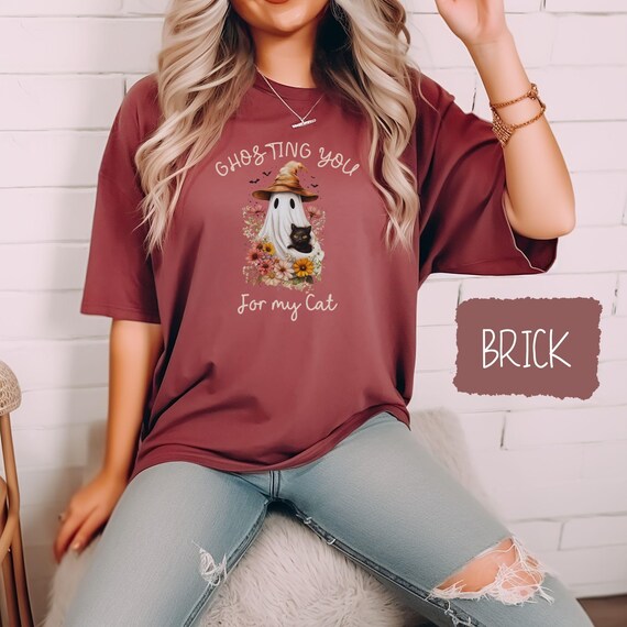 Ghosting You For My Cat T-Shirt, Cute Halloween Shirt with Witch Hat, Black Cat, Floral Ghost Tee, Funny Cat Lover Fall Top