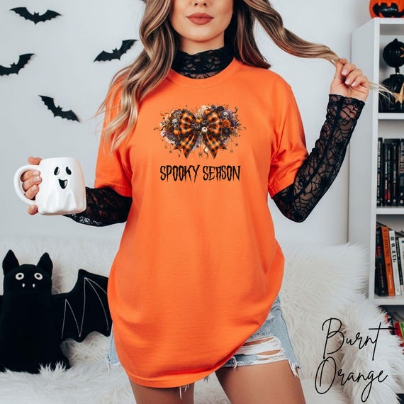 Halloween Spooky Season Shirt, Plaid Bow Gothic Tee, Ornate Floral Skull Top, Witchy Pumpkin T-Shirt, Whimsical Halloween Gift