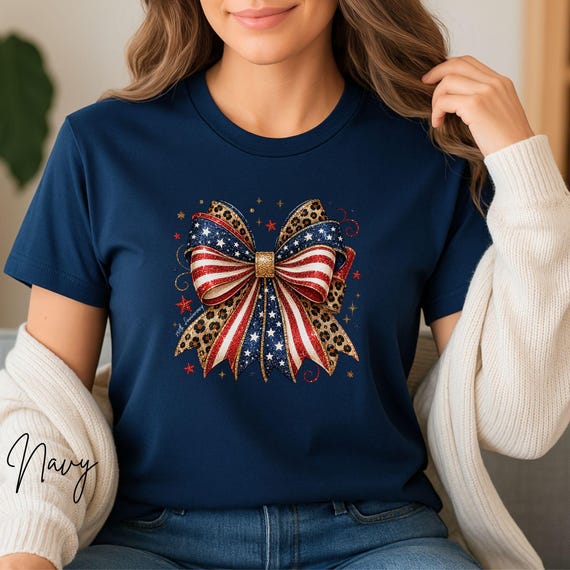 4th of July Shirt, Independence Day Top, American Flag Tee, Red White Blue Shirt, Stars and Stripes Leopard Bow Tee, USA Flag Gift
