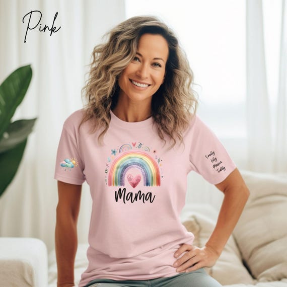 Mama Rainbow Heart T-shirt with Custom Sleeve Names + Sun & Raincloud Graphic, Personalized Mama Shirt