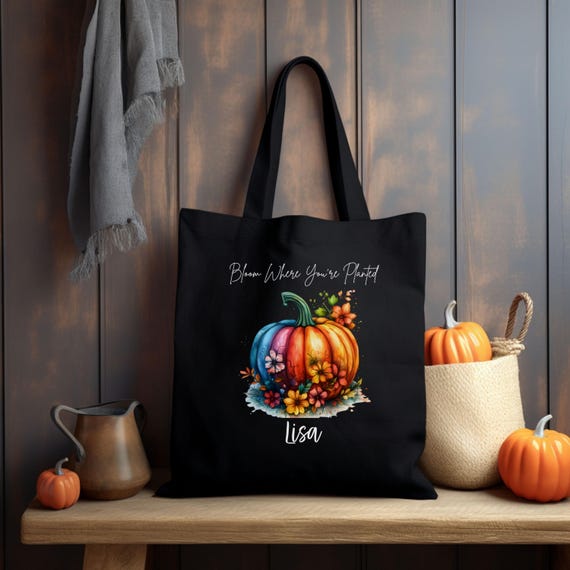 Bloom Where You're Planted Tote - Fall Floral Pumpkin Bag with Personalized Name