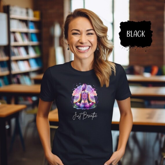 Just Breathe Yoga Lavender Fields Watercolor T-Shirt, Inspirational Quote Tee, Mindfulness Apparel Gift, Motivational Positive Vibes Shirt