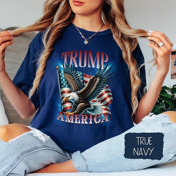 Patriotic Trump T-Shirt with Bald Eagle and American Flag Design, USA Pride Apparel for Trump Supporters, Conservatives, Republicans
