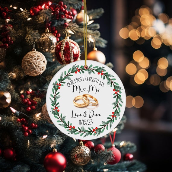 Our First Christmas Mr & Mrs Ceramic Ornament, Personalized 1st Xmas Ornament, Custom New Marriage Gift, Custom Christmas Gift for Newlyweds