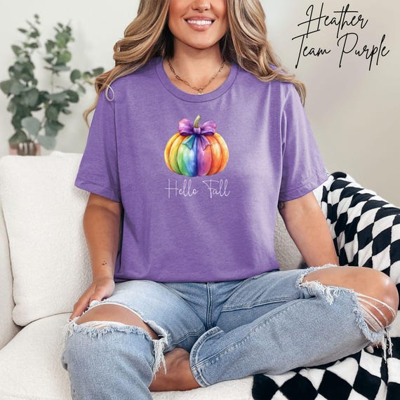 Hello Fall Pumpkin Shirt, Rainbow Autumn Tee with Bow, Cute Seasonal Outfit for Women, Cozy Fall Graphic T-Shirt, Thanksgiving Top