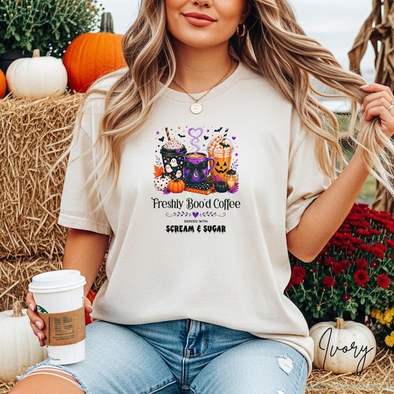 Freshly Boo'd Coffee Shirt, Spooky Season Coffee Lover Tee, Halloween Comfort Colors Top, Pumpkin Spiced Latte Graphic T-shirt