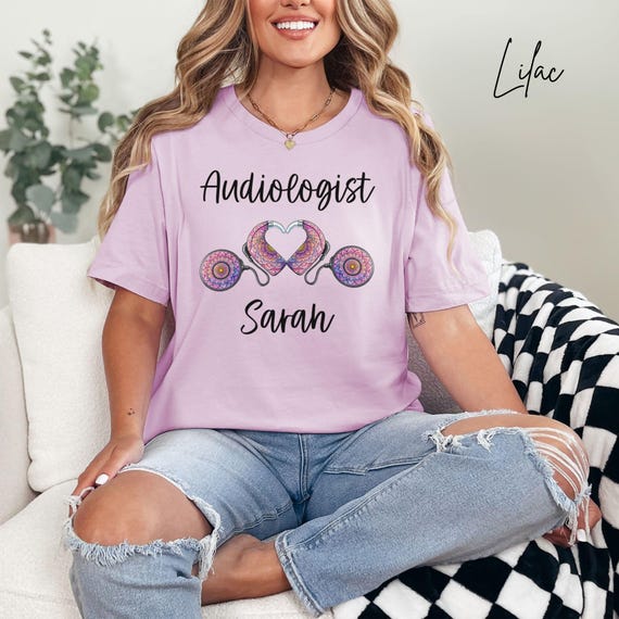 Personalized Audiologist Shirt, Custom Name Audiology Tee, Cochlear Implant Heart Mandala Art, Hearing Care Appreciation Gift