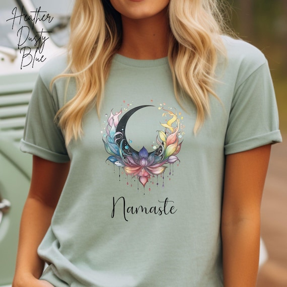 Namaste T-shirt, Yoga Lover Gift, Yoga Teacher Shirt, Rainbow Lotus Graphic, Crescent Moon Design, Meditation Apparel, Spiritual Clothing