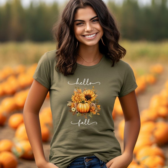 Hello Fall Pumpkin & Sunflower Tee, Cute Thanksgiving Comfort Colors T-Shirt, Cozy Autumn Graphic Top, Women's Fall Fashion Shirt