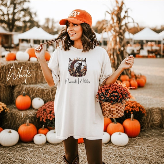 Namaste Witches Yoga Shirt, Halloween Black Cat Tee,  Celestial Moon T-Shirt, Spooky Season Gift, Vintage Skull Pumpkin Top