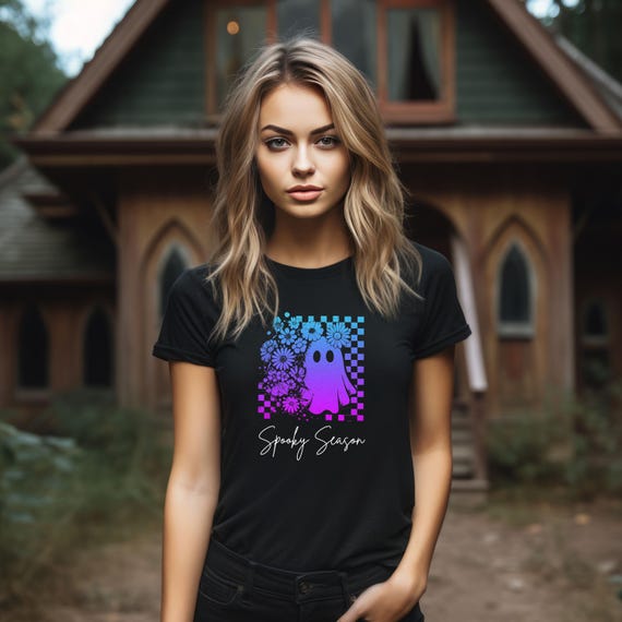 Neon Spooky Season Ghost Shirt, Cute Halloween Tee with Neon Floral Checkered Design, Fall Aesthetic, Boho Soft Unisex T-Shirt