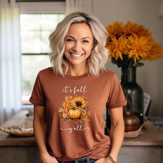 It's Fall Y'all Pumpkin & Sunflower Tee, Cute Thanksgiving Comfort Colors T-Shirt, Cozy Autumn Graphic Top, Women's Fall Fashion Shirt