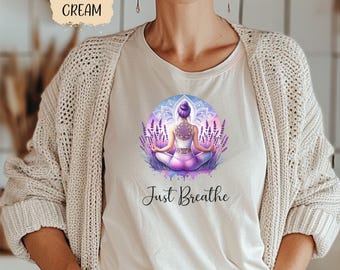 T-shirt Just Breathe Lavender Sunrise, T-shirt citation inspirante, cadeau vêtement pleine conscience, chemise ondes positives, vêtement motivant