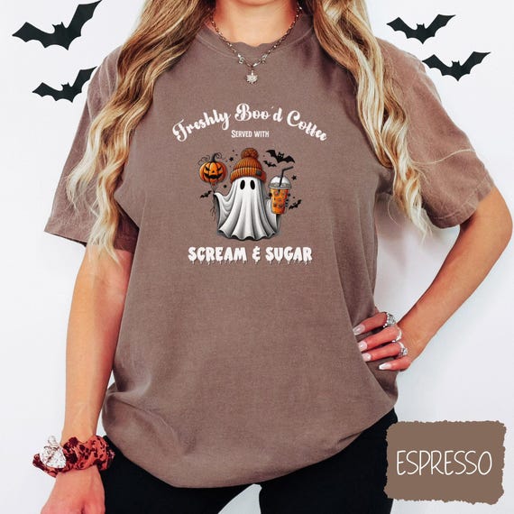 Halloween Ghost Coffee T-Shirt, Freshly Boo'd with Scream & Sugar,  Cute Pumpkin Latte Tee,  Fall Spooky Shirt for Coffee Lovers