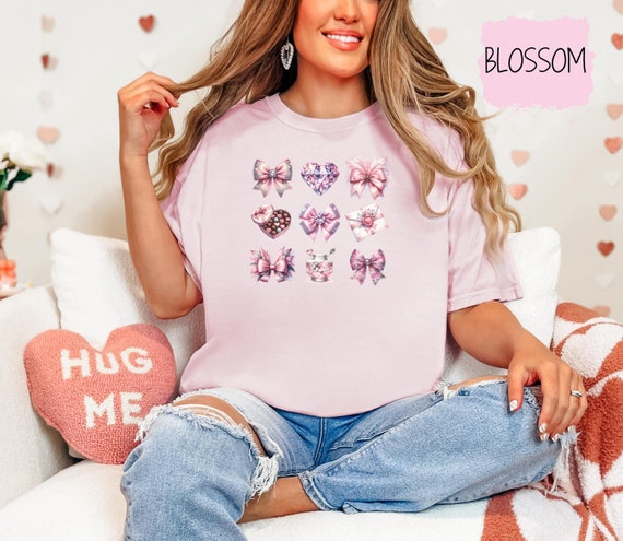 Valentine's Day Coquette Shirt, Cute Heart and Bow Designs, Romantic Gift, Women's Casual Wear, Perfect for Valentine's Celebration