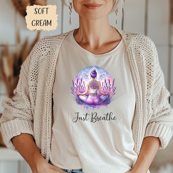 Just Breathe Lavender Sunrise T-Shirt, Inspirational Quote Tee, Mindfulness Apparel Gift, Positive Vibes Shirt, Motivational Clothing