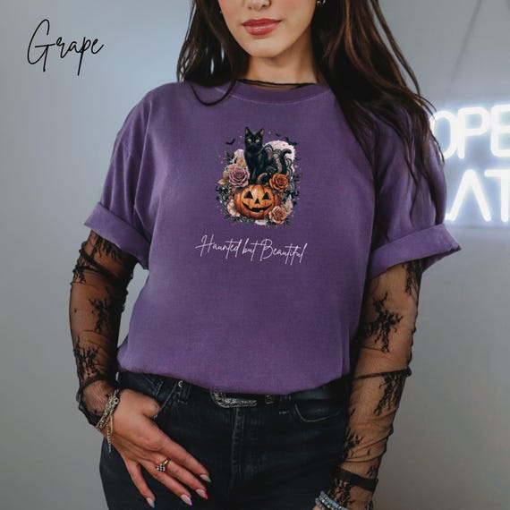 Haunted But Beautiful Shirt, Halloween Black Cat Pumpkin Tee, Haunted Gothic T-Shirt, Spooky Season Gift, Vintage Lace Top