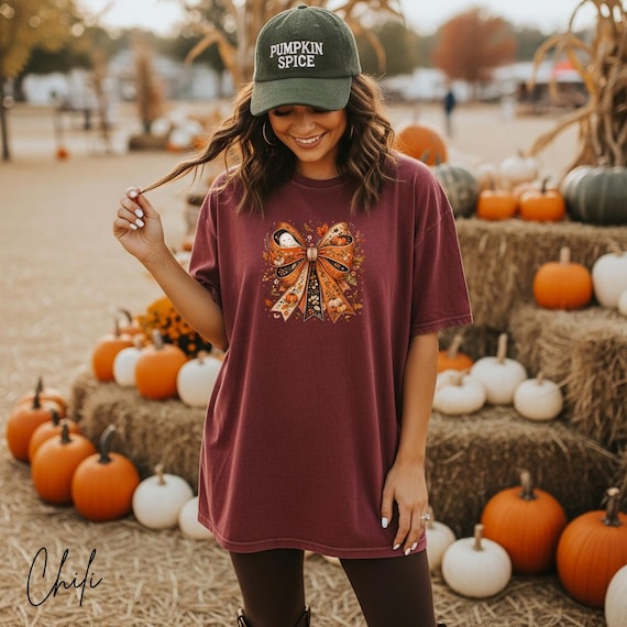 Halloween Pumpkin Bow Shirt, Vintage Aesthetic Ghost Tee, Floral Autumn Cottagecore Top, Ornate Halloween T-Shirt, Whimsical Fall Gift