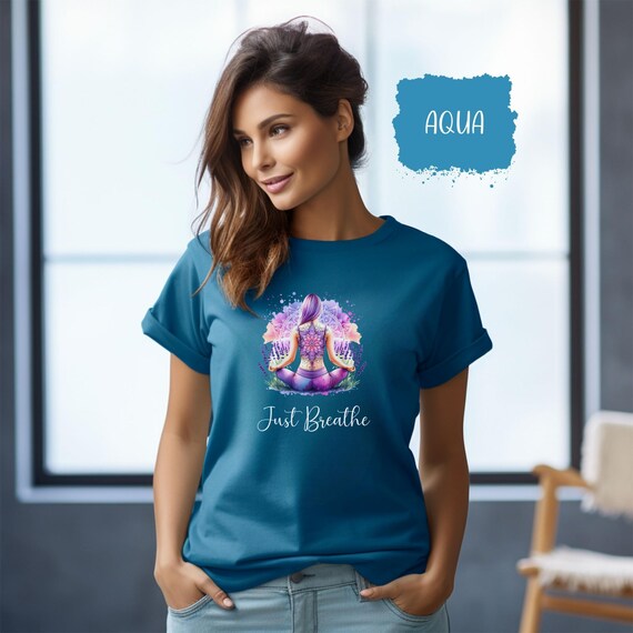 Just Breathe Yoga Lavender Fields Watercolor T-Shirt, Inspirational Quote Tee, Mindfulness Apparel Gift, Motivational Positive Vibes Shirt