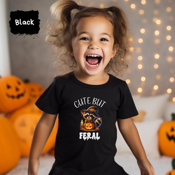 Cute But Feral Toddler Halloween Shirt, Raccoon Witch Pumpkin Tee, Funny Spooky Kids Outfit, Adorable Halloween Gift